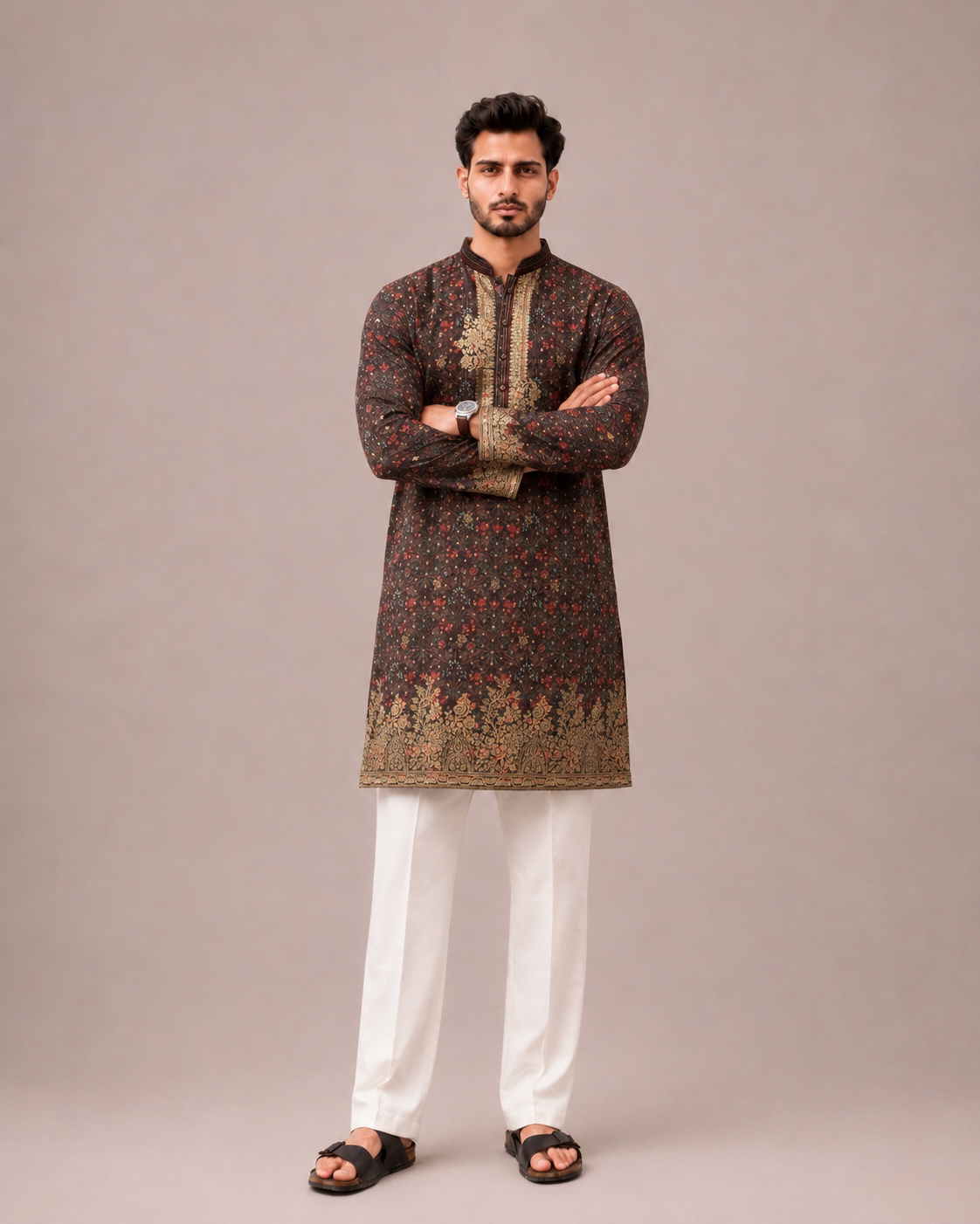 Brown Banaglori Silk Kurta Set for Men with Print Work