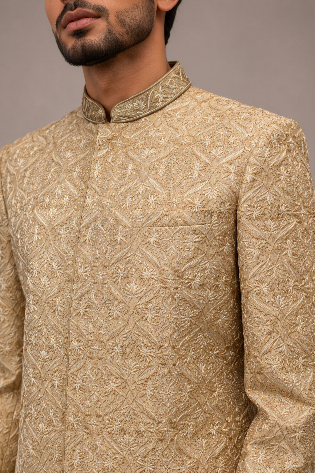 Brown Silk Indo Western with Machine Thread Work