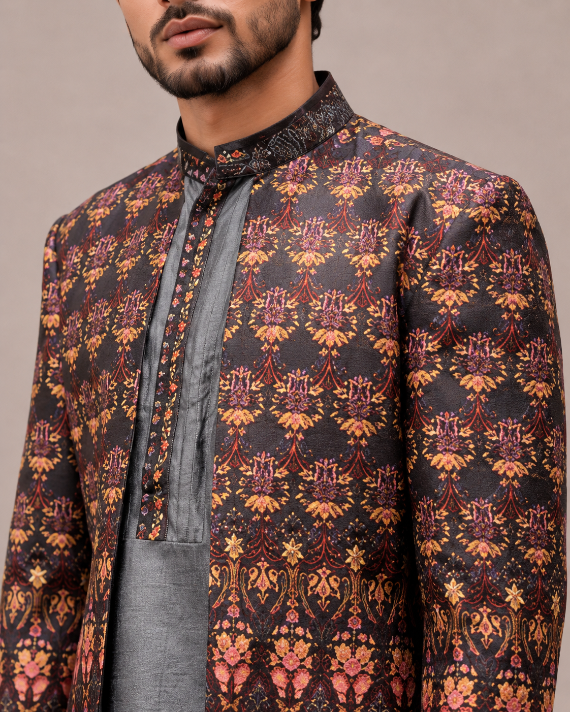 Brown Silk Indo Western for Men with Print Work
