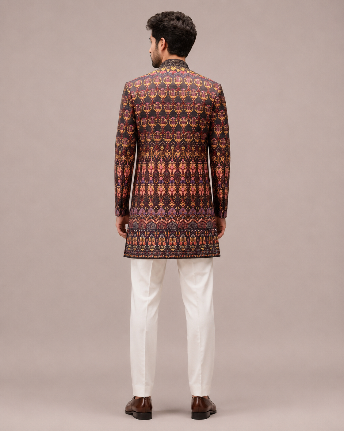 Brown Silk Indo Western for Men with Print Work