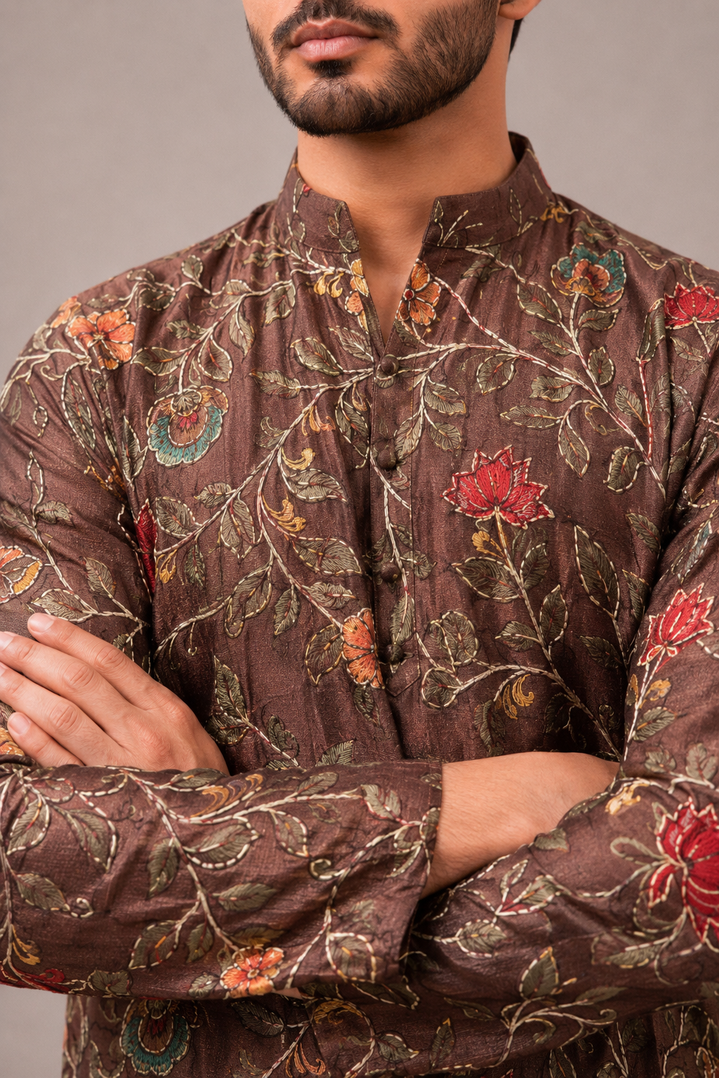 Brown Silk Kurta Set with Print and Thread Work