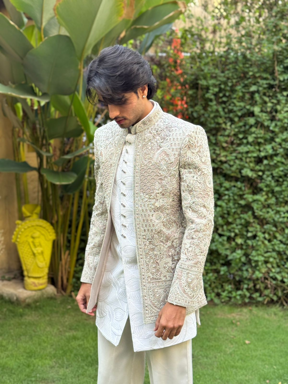 Beige Art Silk Open Indo Western with Resham, Pearl, and Sequins Work