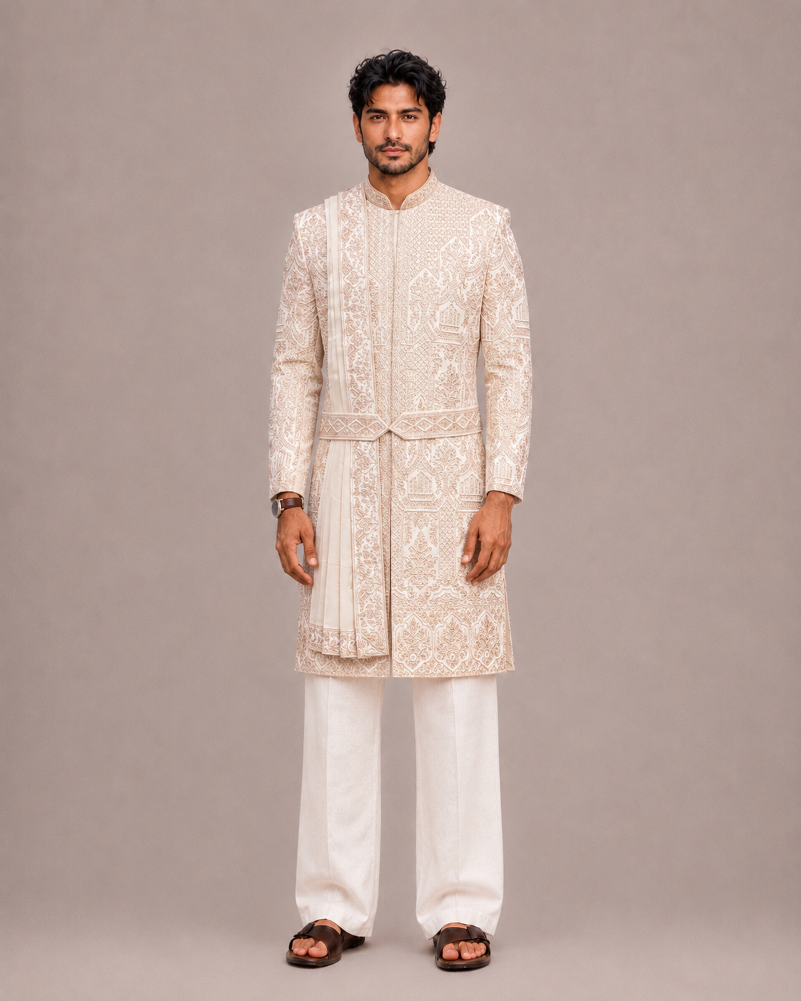 Buy Peach Raw Silk Sherwani for Men with Hand Embroidery