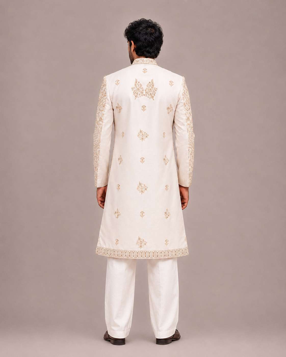 Buy Peach Raw Silk Sherwani for Men with Hand Embroidery