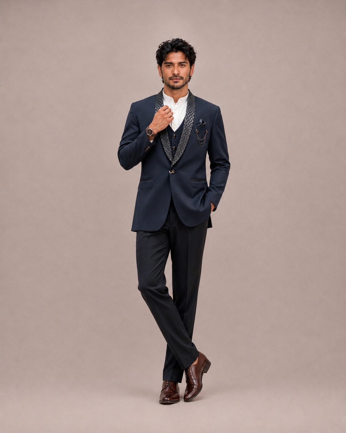 Gray Korean Fabric Tuxedo Suit with Hand Work