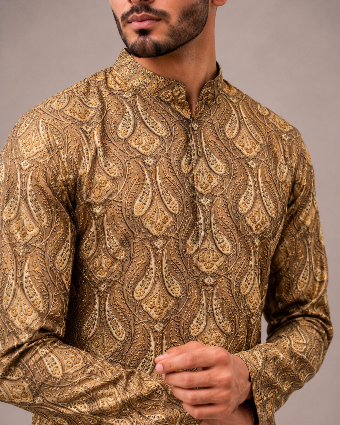 Mehndi Green Silk Kurta Set with Print and Thread Work