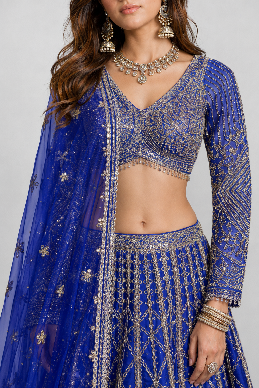 Royal Blue Raw Silk Lehenga Choli with Kundan Miral Pyor Work