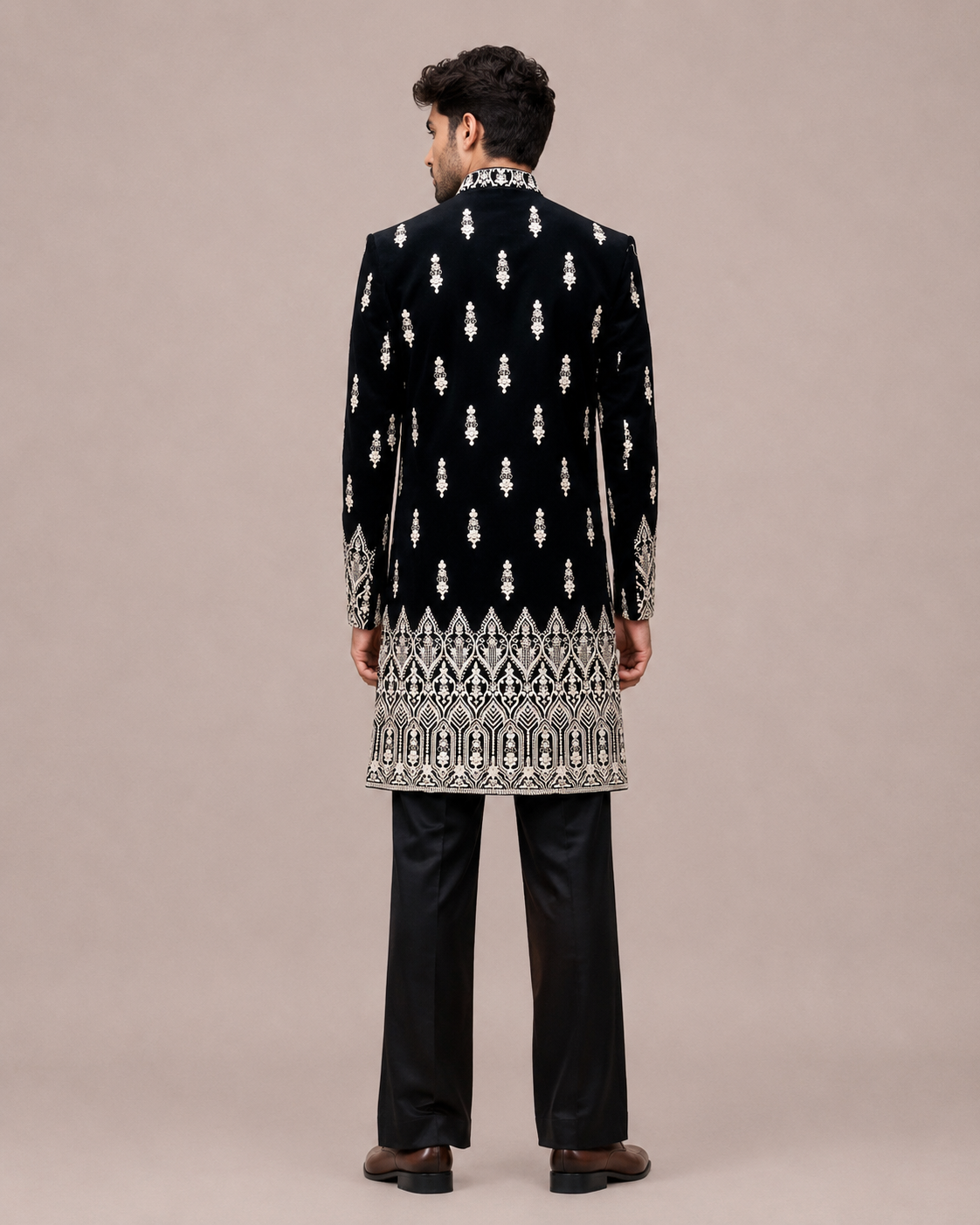 Black Silk Sherwani with Machine Embroidery and Hand Work