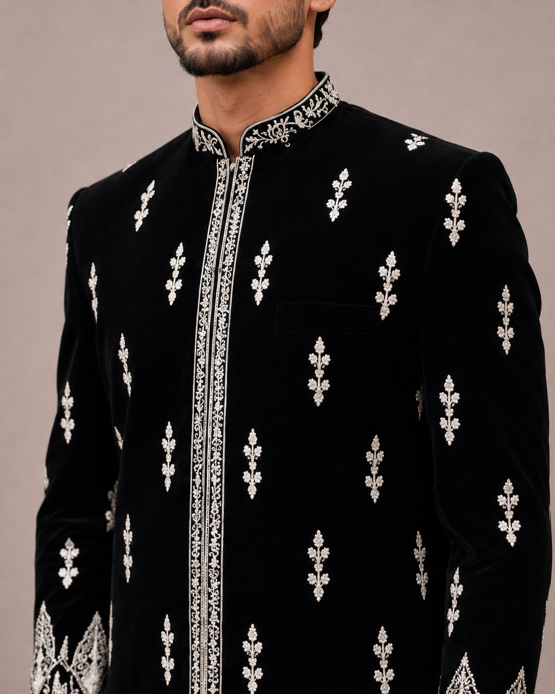 Black Silk Sherwani with Machine Embroidery and Hand Work