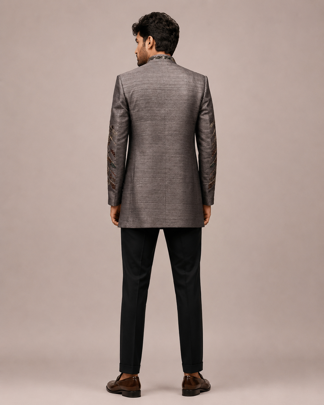 Gray Matka Silk Indo Western for Men with Hand Work