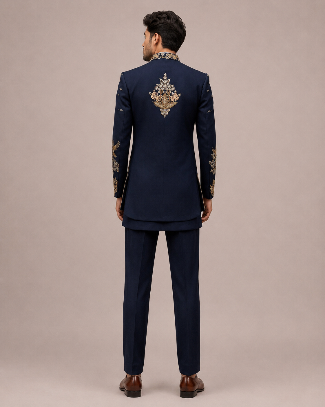 Navy Blue Korean Fabric Indo Western with Hand and Machine Embroidery Work