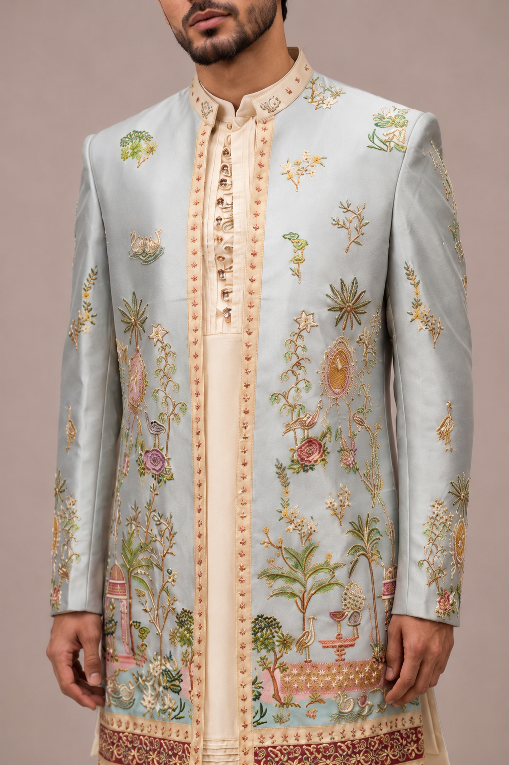 Gray Silk Indo Western for Men with Hand Print and Hand Work