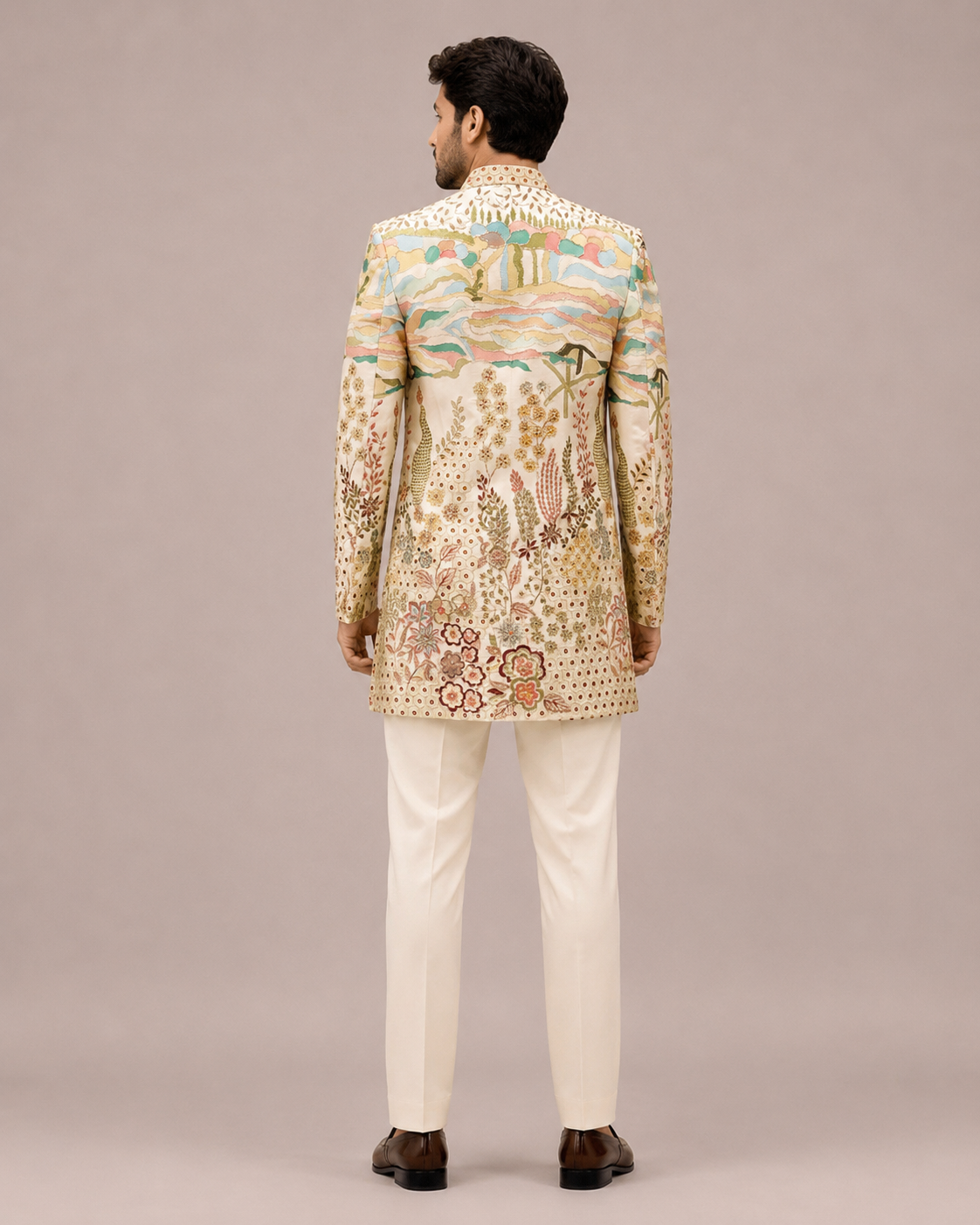 Cream Silk Open Indo Western with Computer Embroidery Work