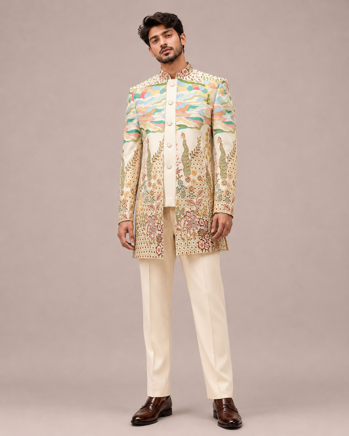 Cream Silk Open Indo Western with Computer Embroidery Work