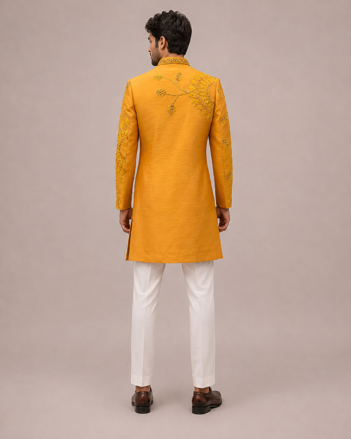 Yellow Silk Indo Western for Men with Machine and Hand Embroidery Work