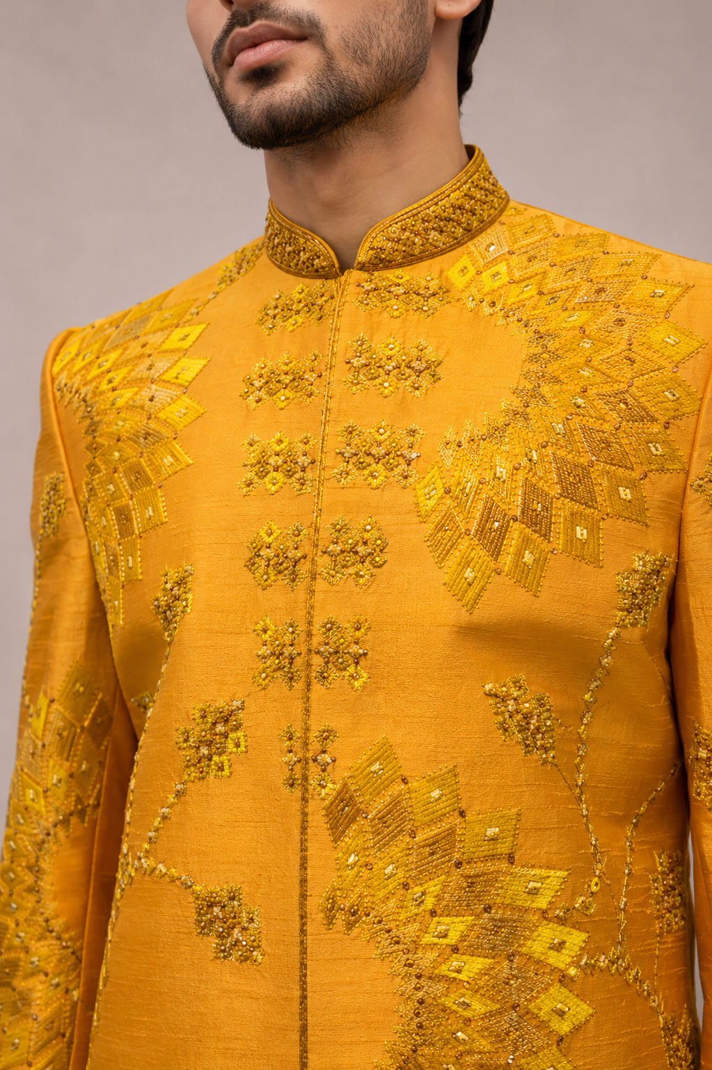 Yellow Silk Indo Western for Men with Machine and Hand Embroidery Work