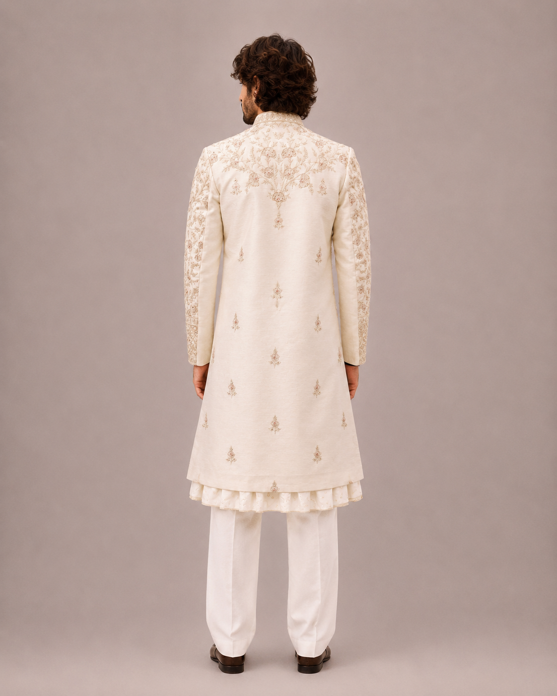 Cream Raw Silk Sherwani with Zardozi Hand Work