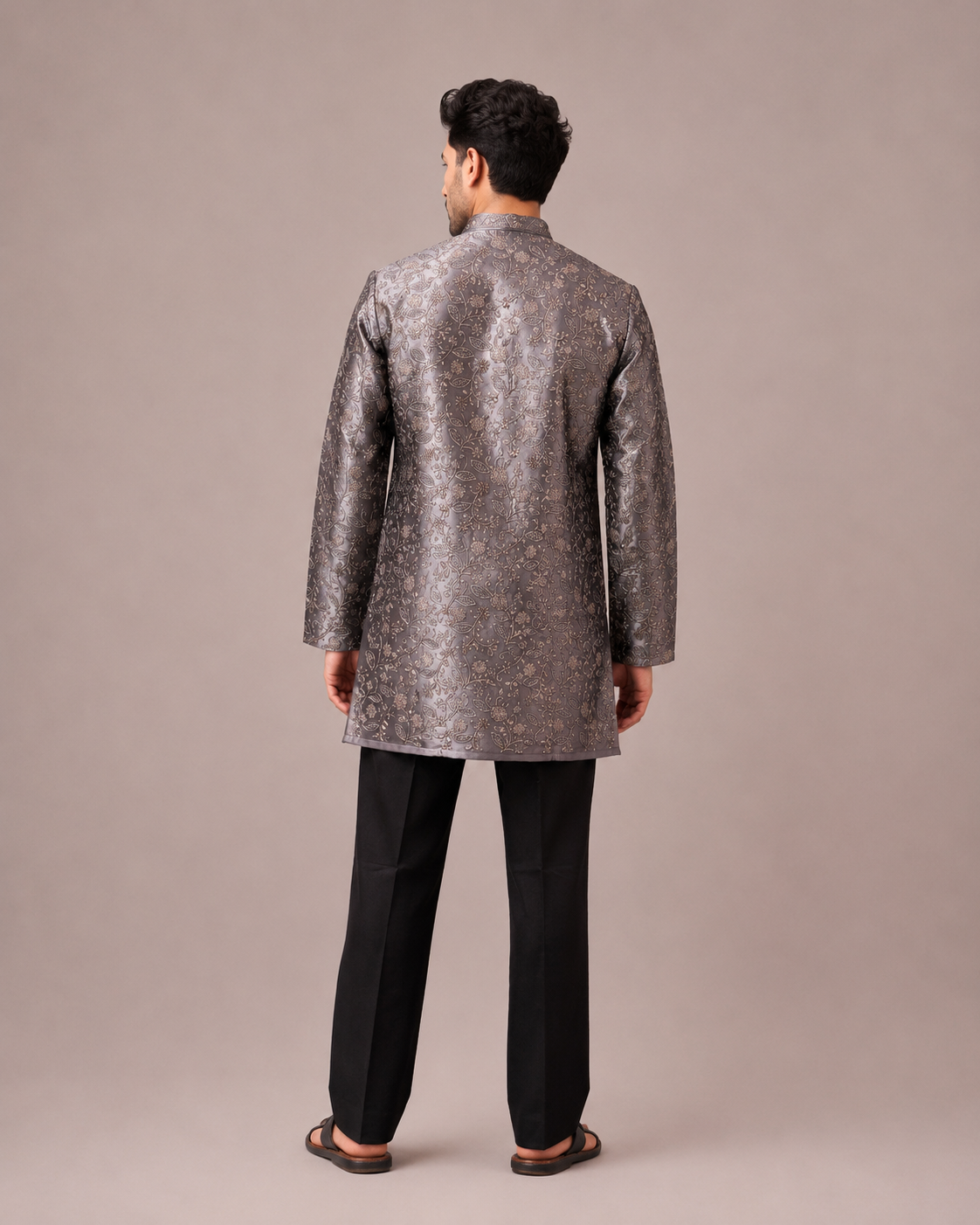 Grey Baby Silk Kurta Set with Machine Embroidery Work
