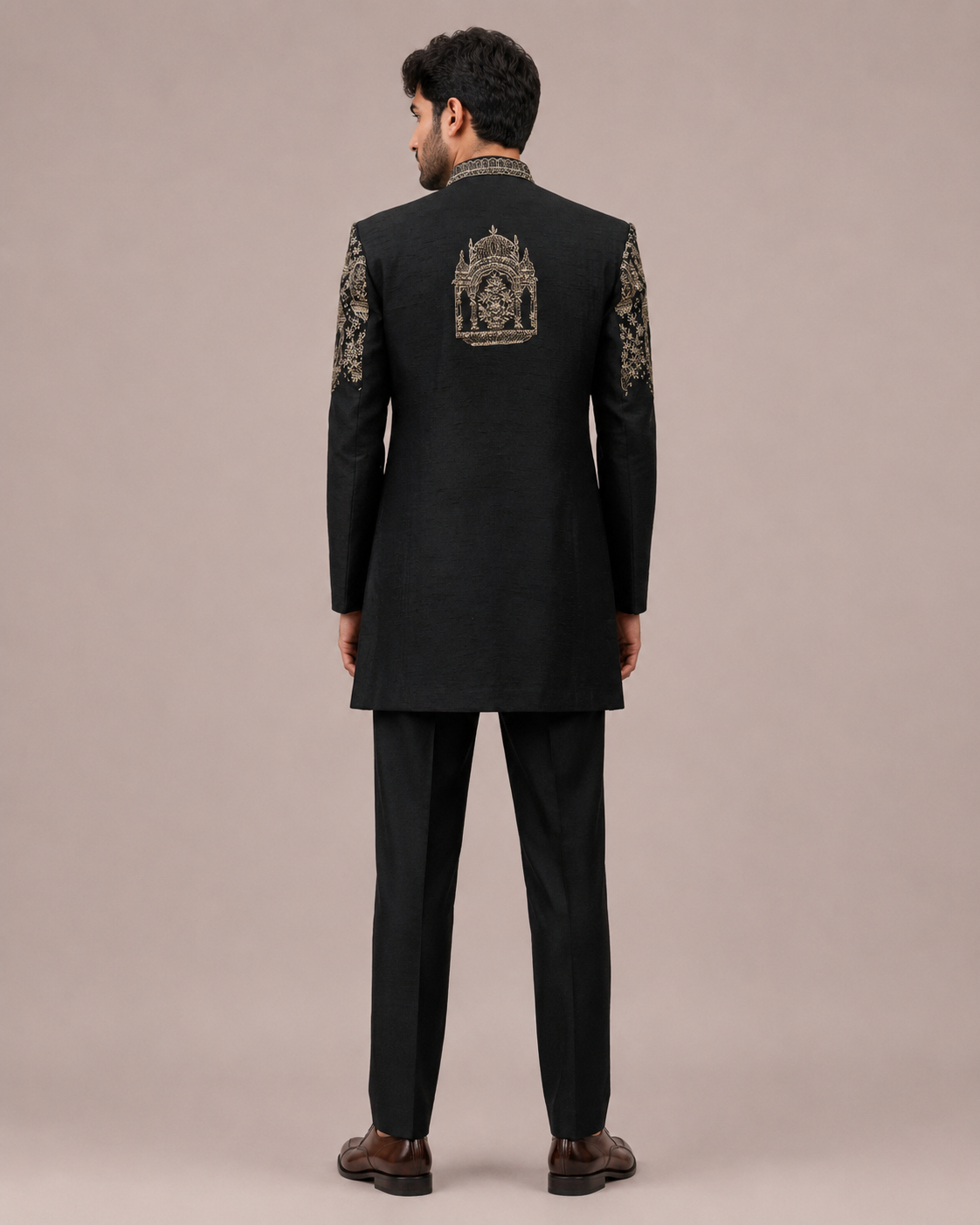 Black Slub Silk Indo Western for Men with Hand Work