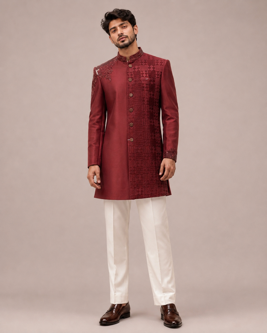 Red Raw Silk Indo Western for Men with Hand Cutdana Work