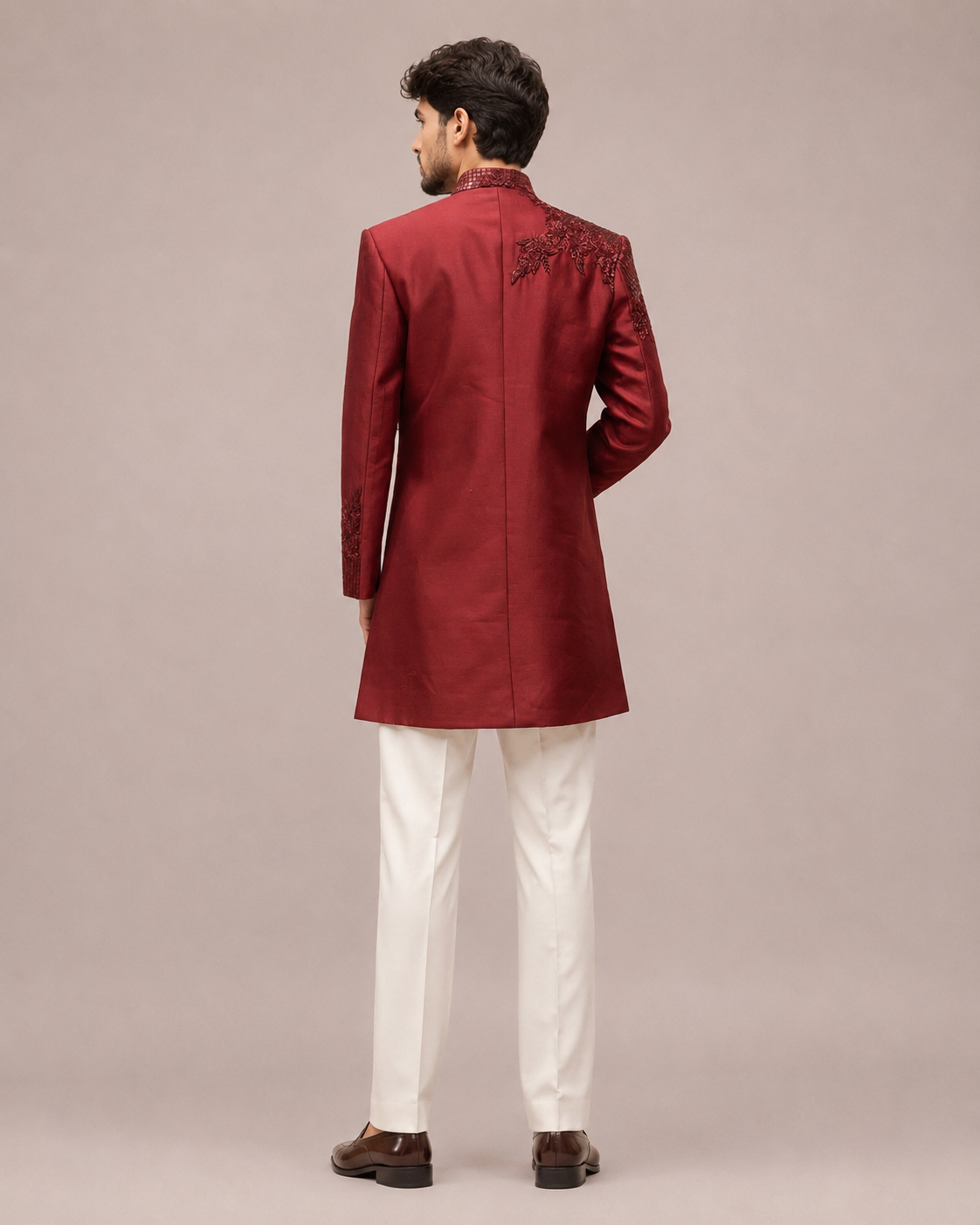 Red Raw Silk Indo Western for Men with Hand Cutdana Work