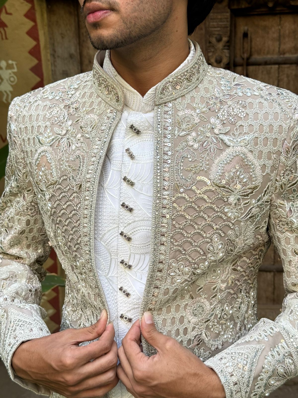 Beige Art Silk Open Indo Western with Resham, Pearl, and Sequins Work