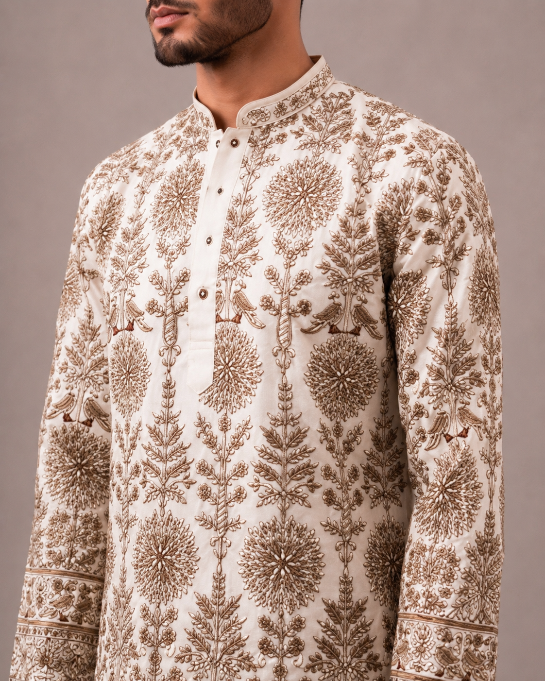 Cream Chiffon Kurta Set with Hand and Machine Embroidery Work