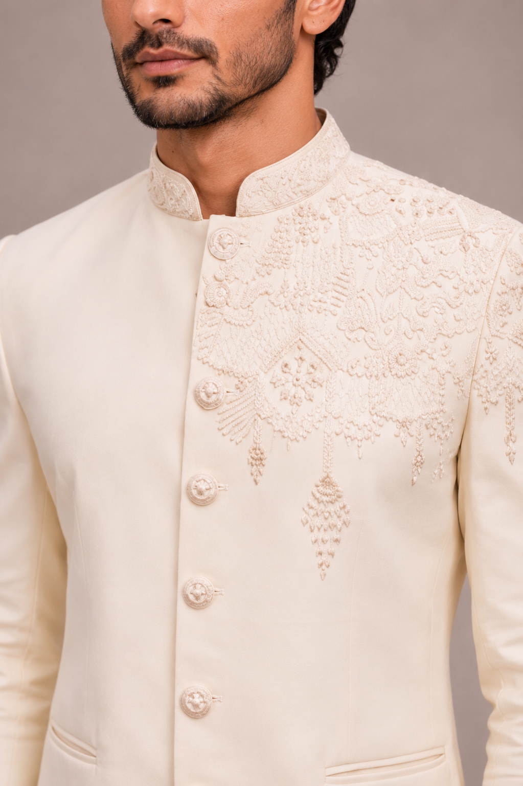 Cream Italian Fabric Jodhpuri Set with Hand Embroidery Work