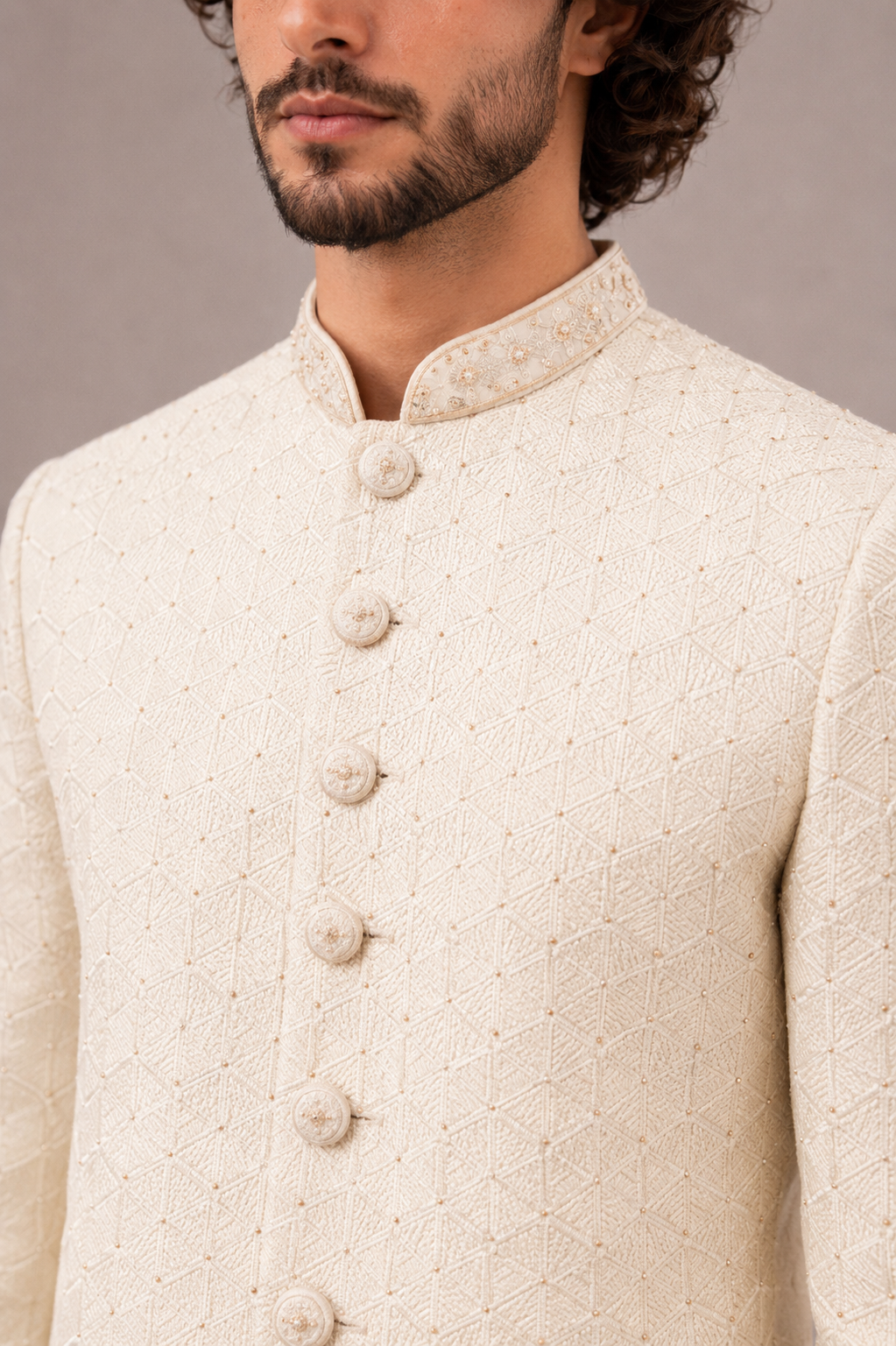 Cream Lakhnavi Sherwani for Men with Hand Work