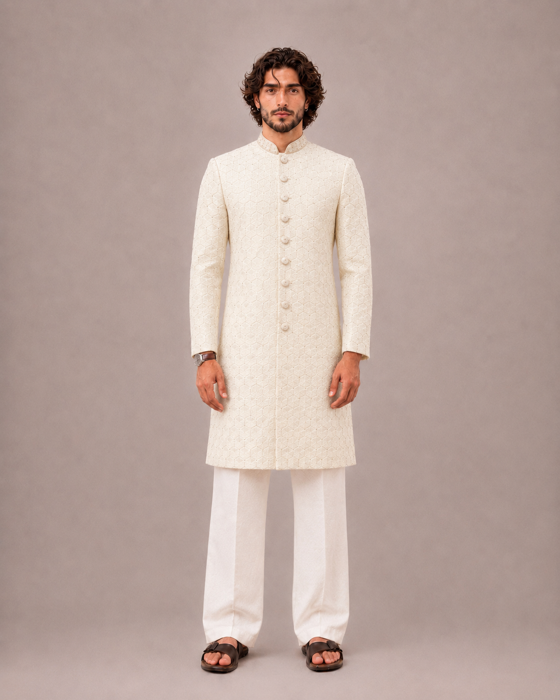 Cream Lakhnavi Sherwani for Men with Hand Work