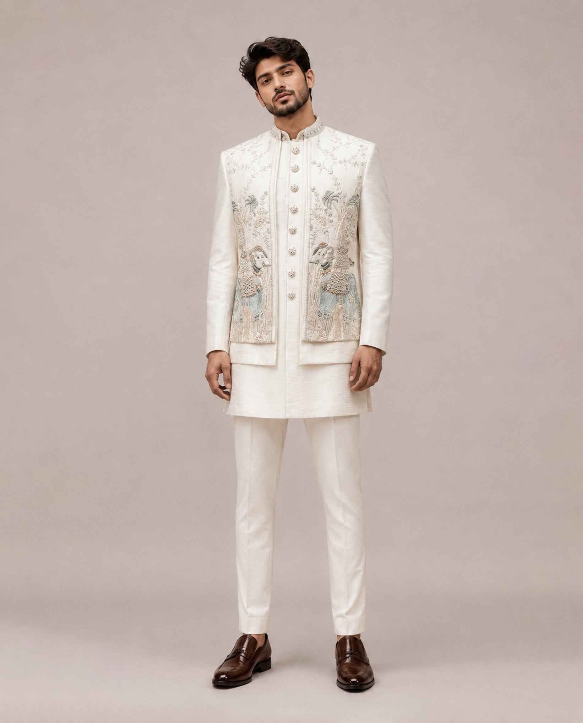 Cream Micro Silk Indo Western for Men with Hand Work