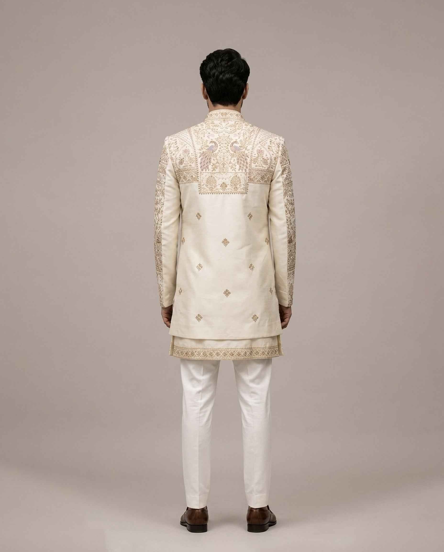 Cream Raw Silk Indo Western with Hand and Machine Embroidery Work