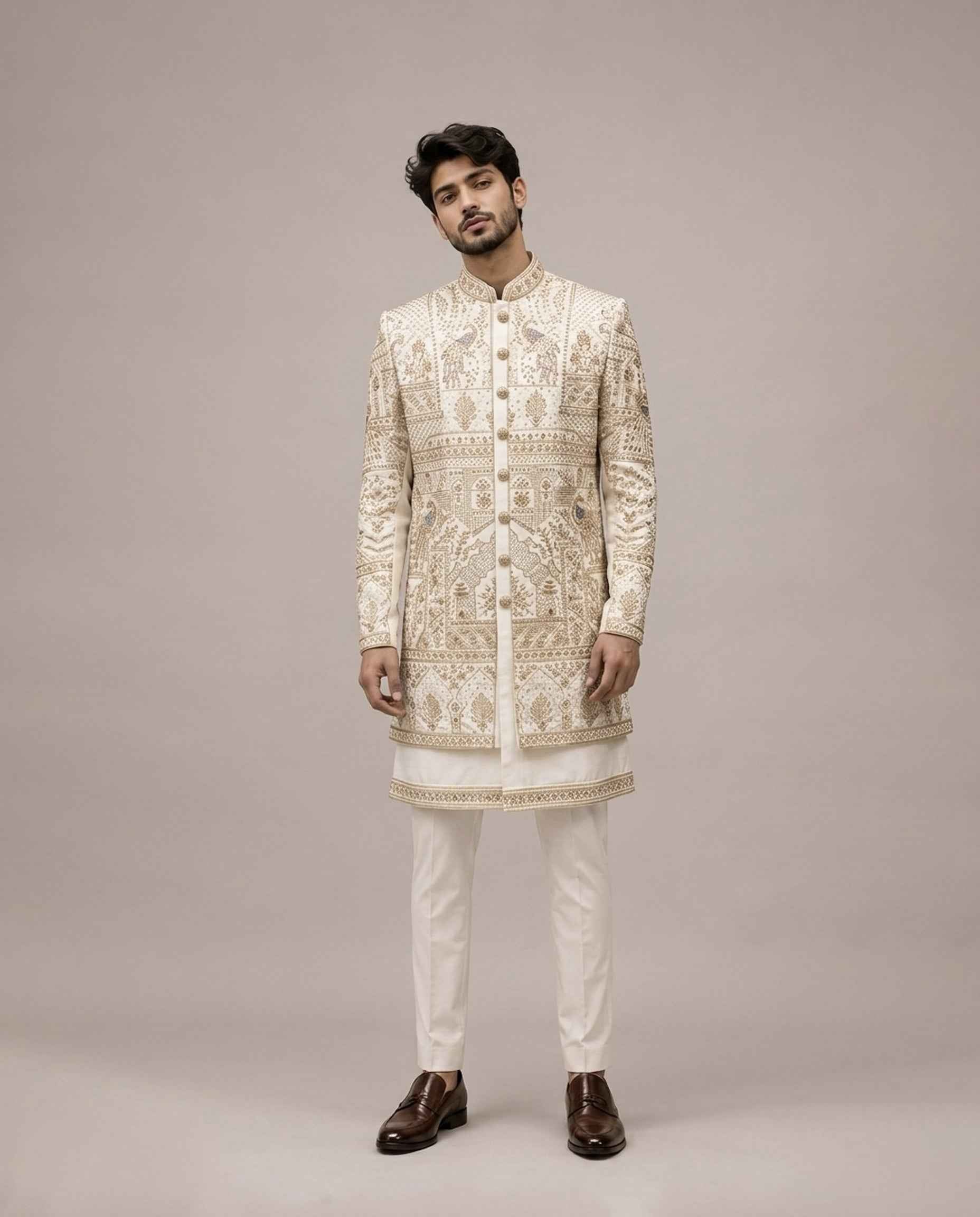 Cream Raw Silk Indo Western with Hand and Machine Embroidery Work