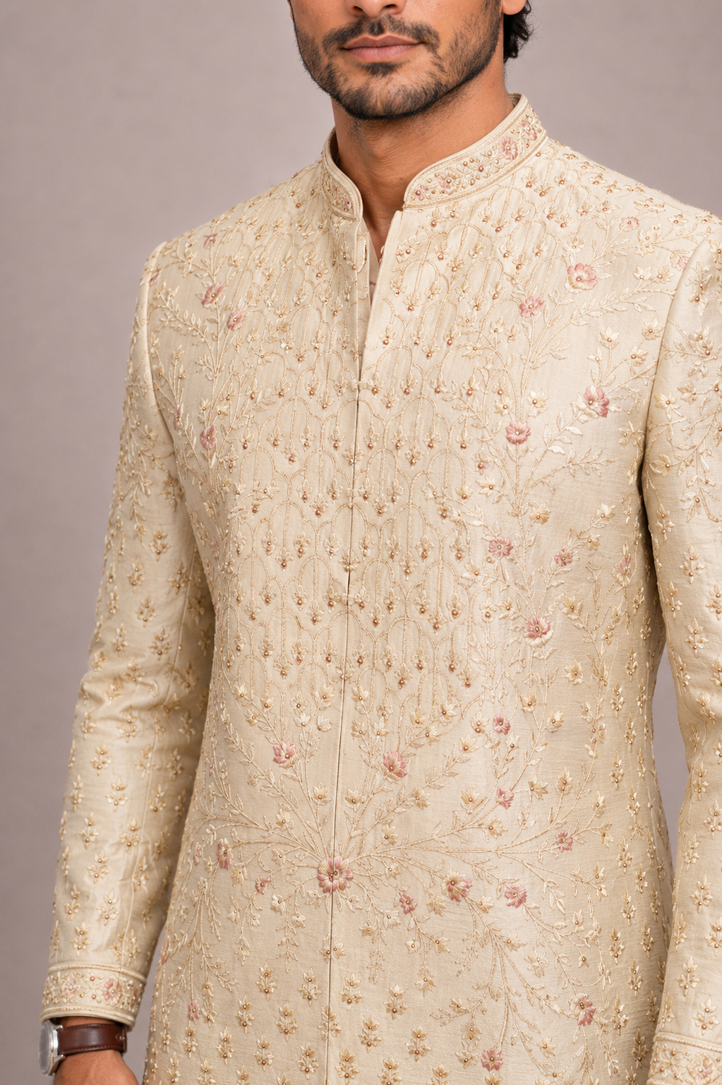 Cream Raw Silk Sherwani for Men with Machine Work