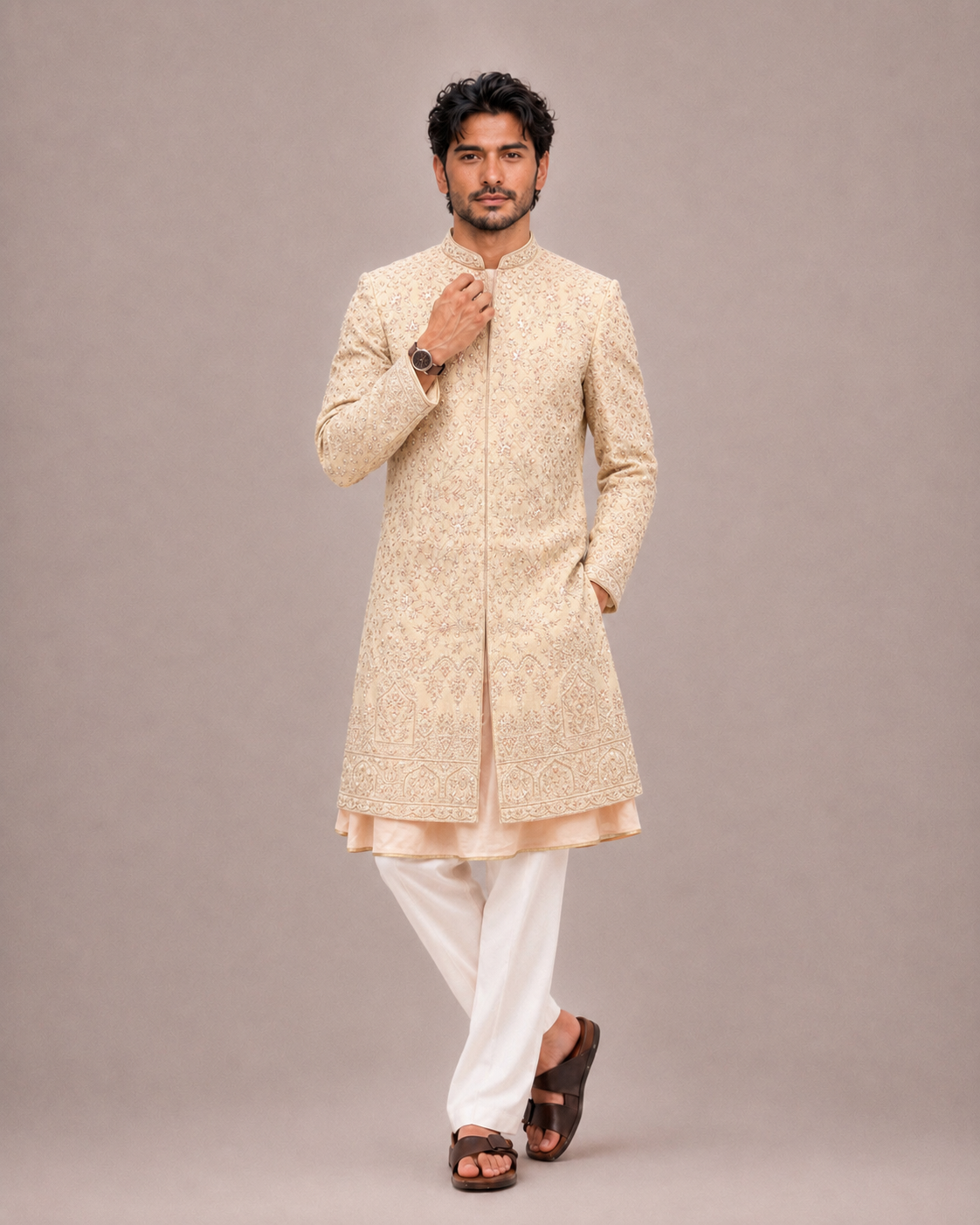 Cream Raw Silk Sherwani with Hand and Machine Work