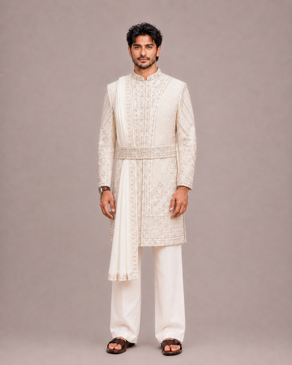 Cream Raw Silk Sherwani with Machine Embroidery and Kamar Belt