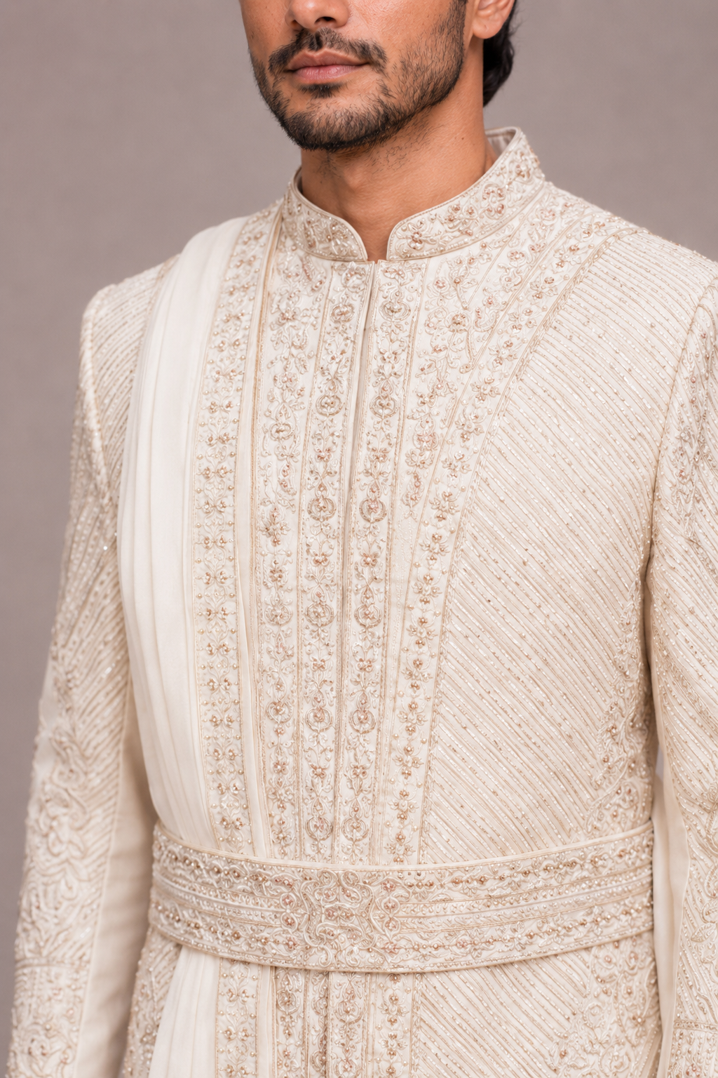 Cream Raw Silk Sherwani with Machine Embroidery and Kamar Belt