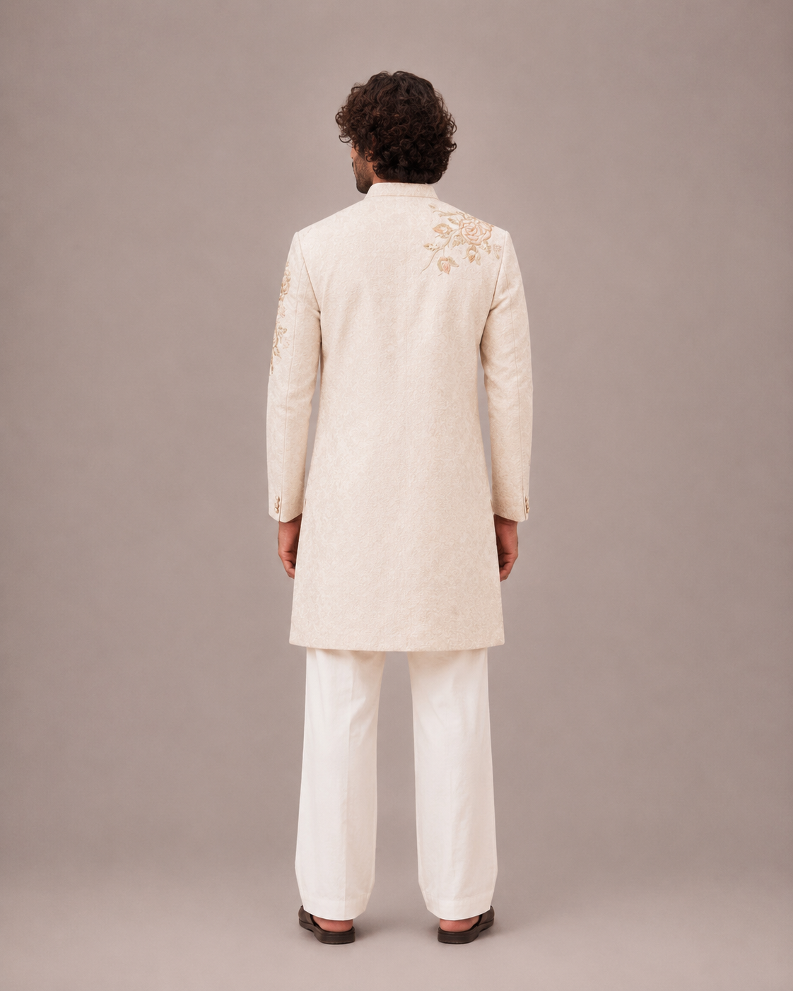 Cream Silk Brocade Sherwani for Men with Hand Work