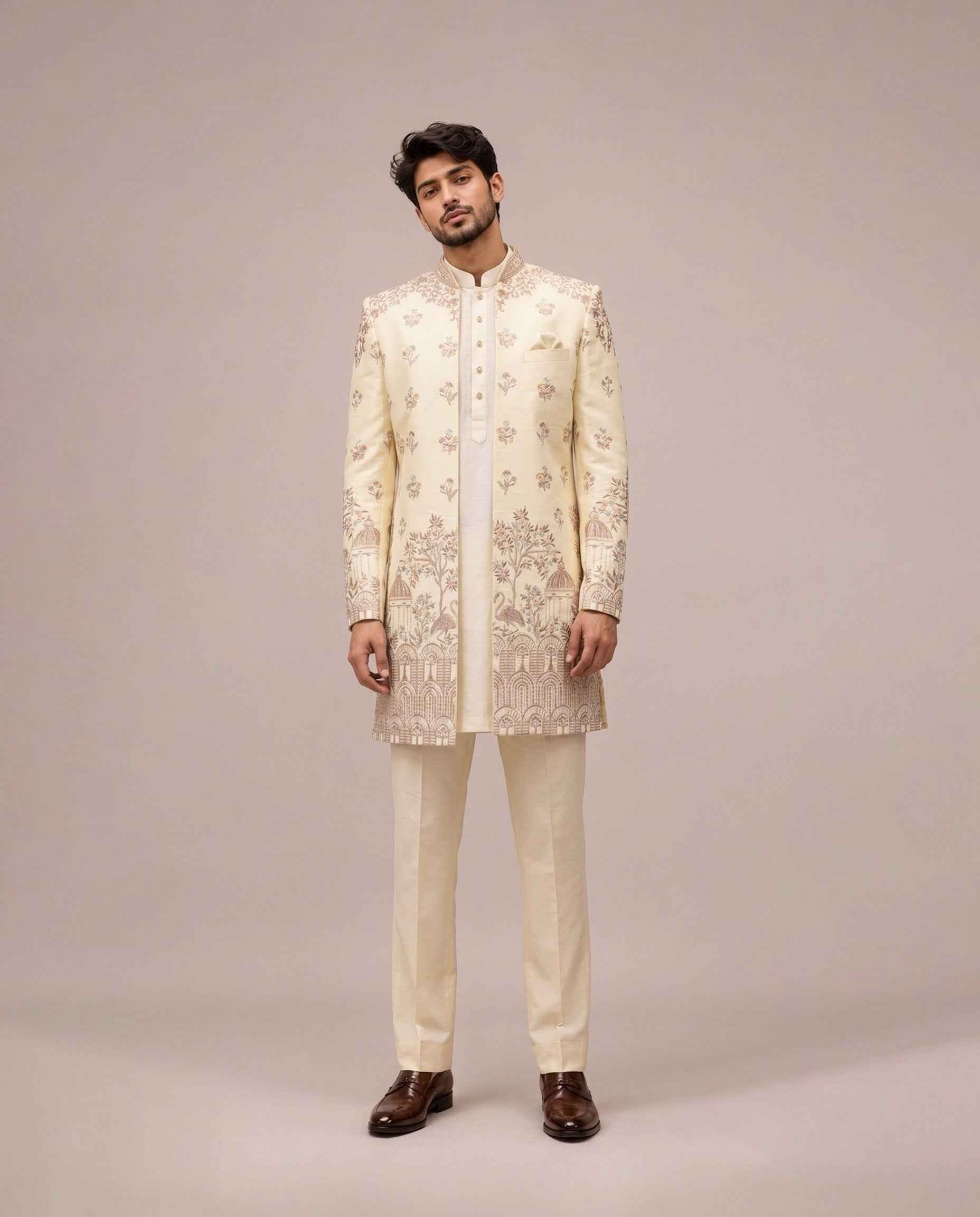 Cream Silk Indo Western for Men with Computer Embroidery Work