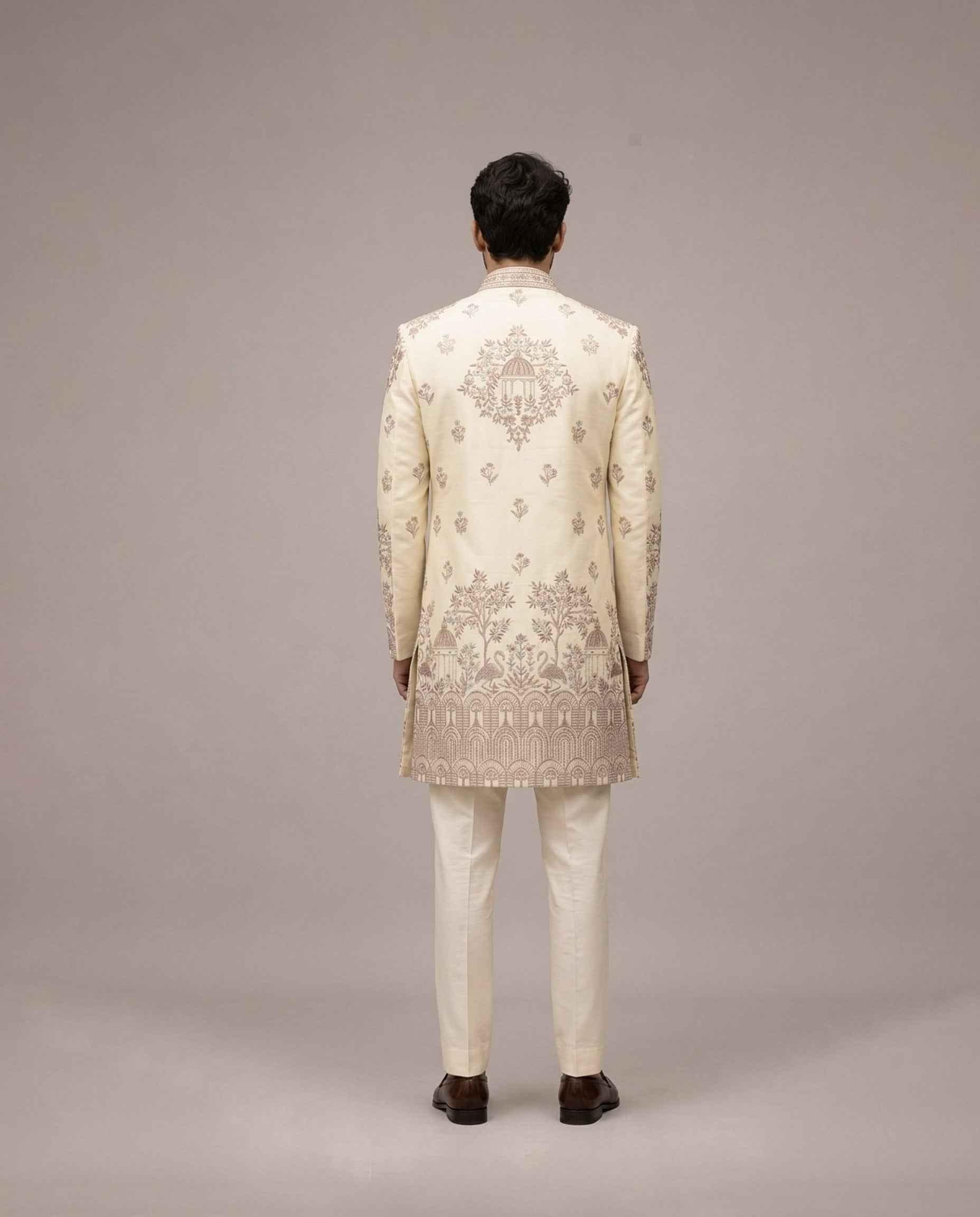 Cream Silk Indo Western for Men with Computer Embroidery Work
