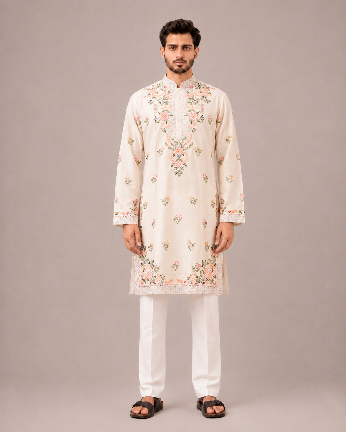 Cream Silk Kurta Set with Machine Embroidery Work