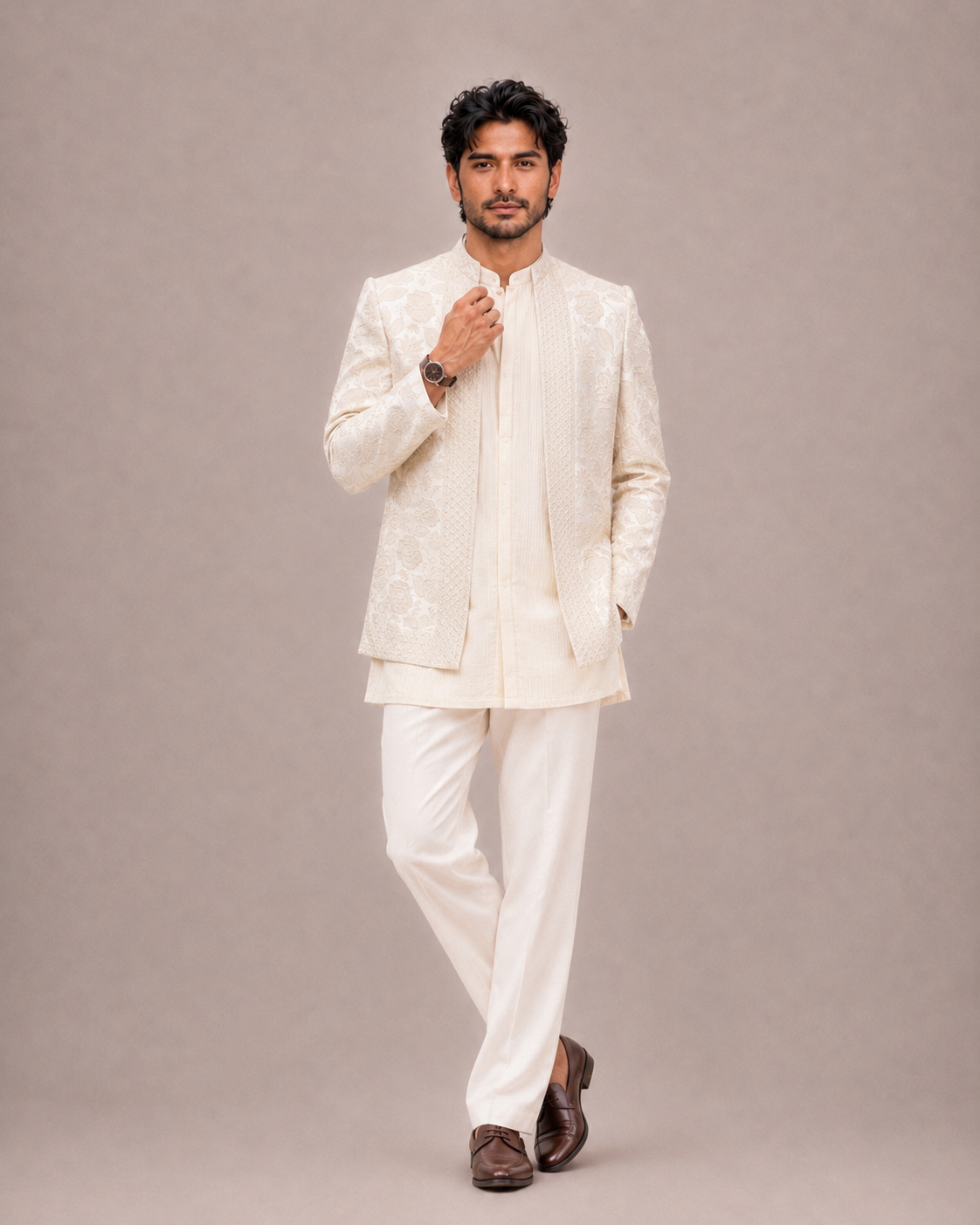 Cream Silk Open Jodhpuri with Machine Embroidery and Thread Work