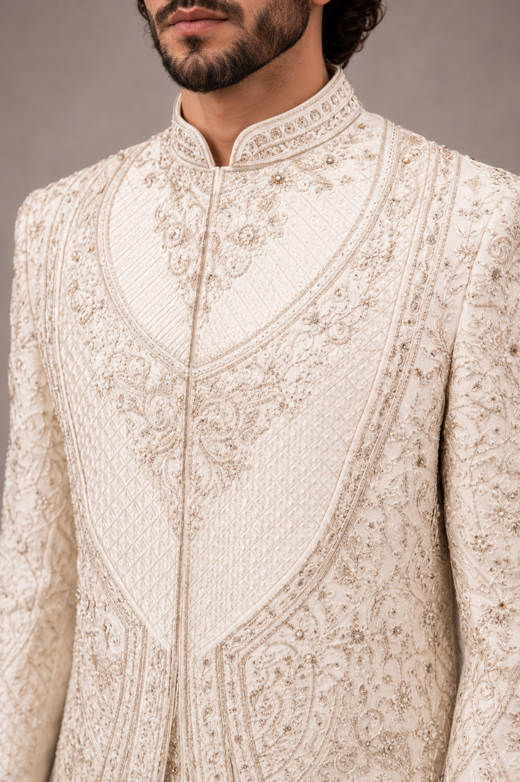 Cream Silk Sherwani with Zardozi Hand Work