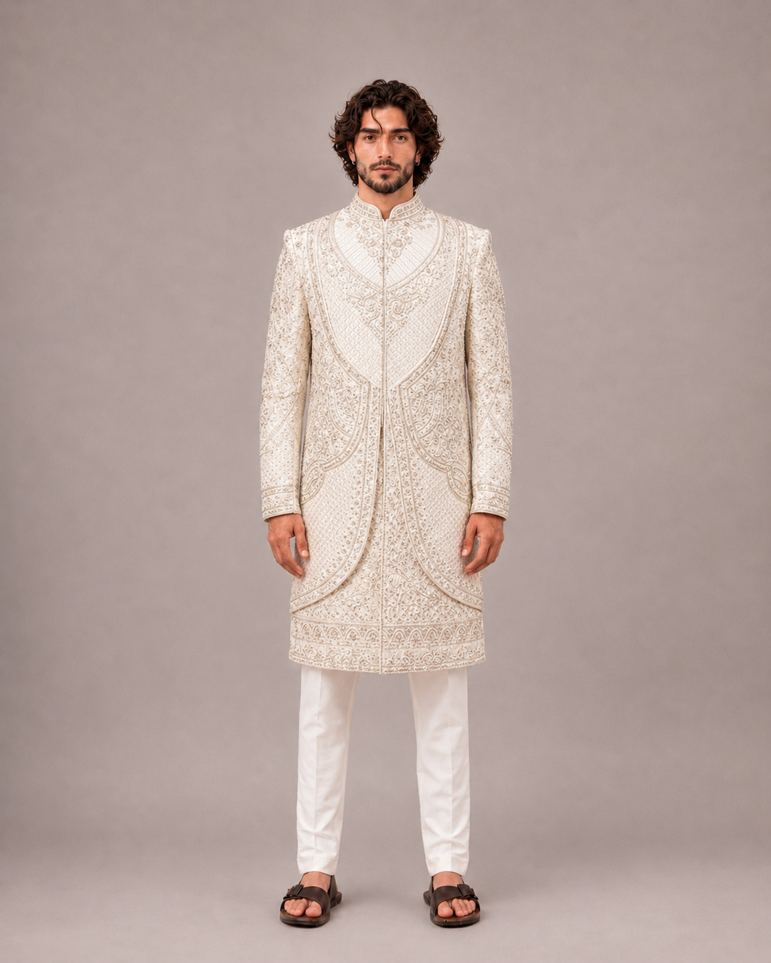 Cream Silk Sherwani with Zardozi Hand Work