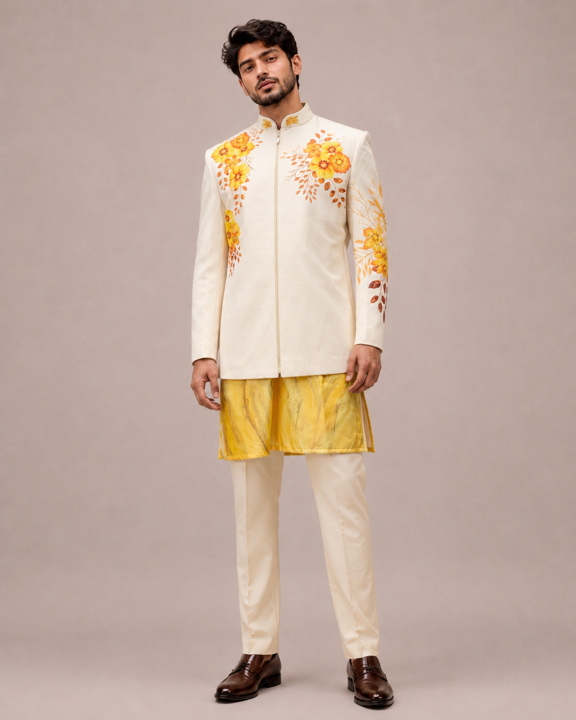 Cream Silk Suit with Bross Print and Embroidery Work