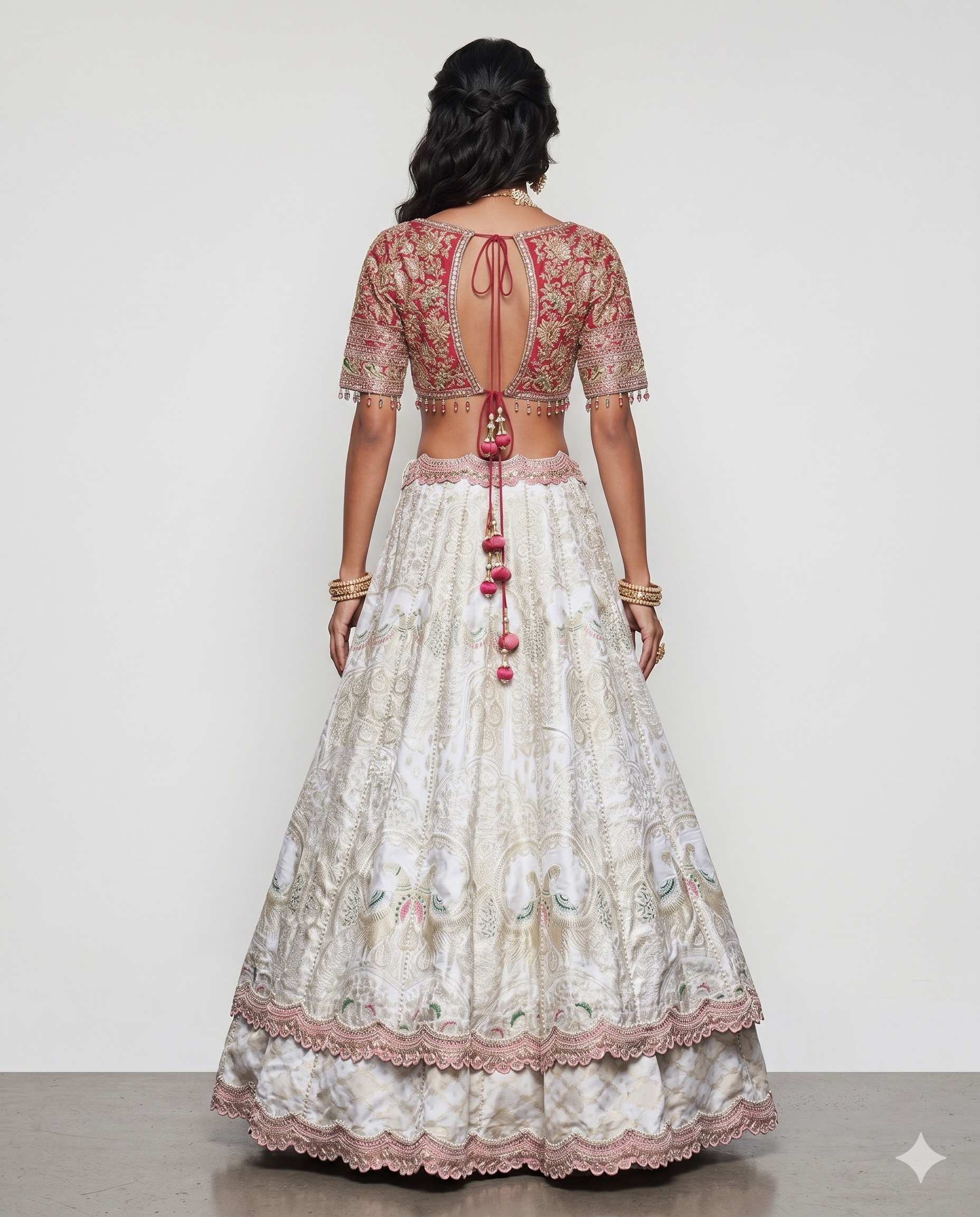 Cream and Rani Banarasi Silk Choli with Resham Sequins and Mirror Work