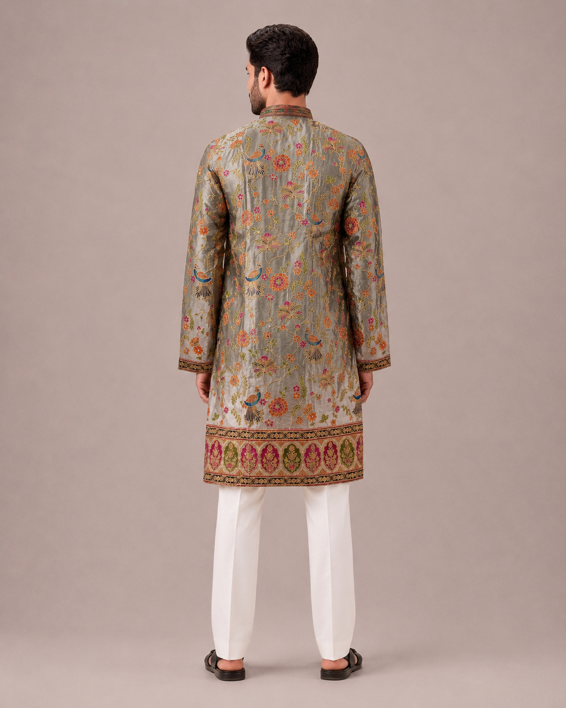 Grey Silk Kurta Set with Machine Thread Embroidery Work