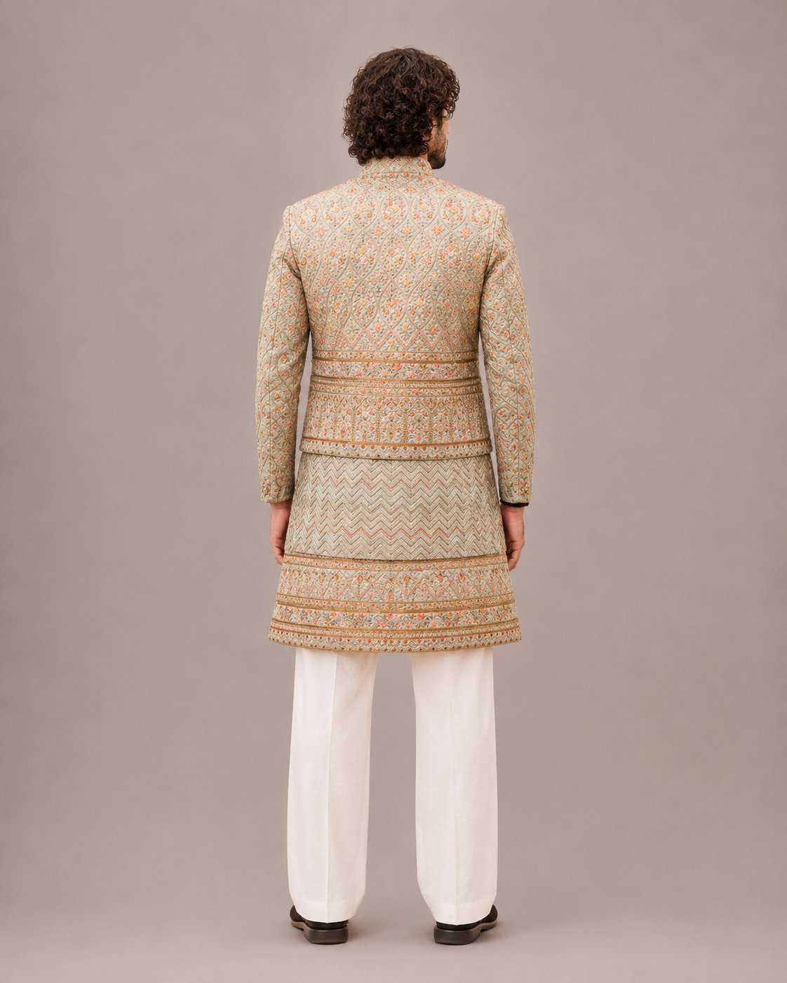 C Green Silk Sherwani with Machine Work