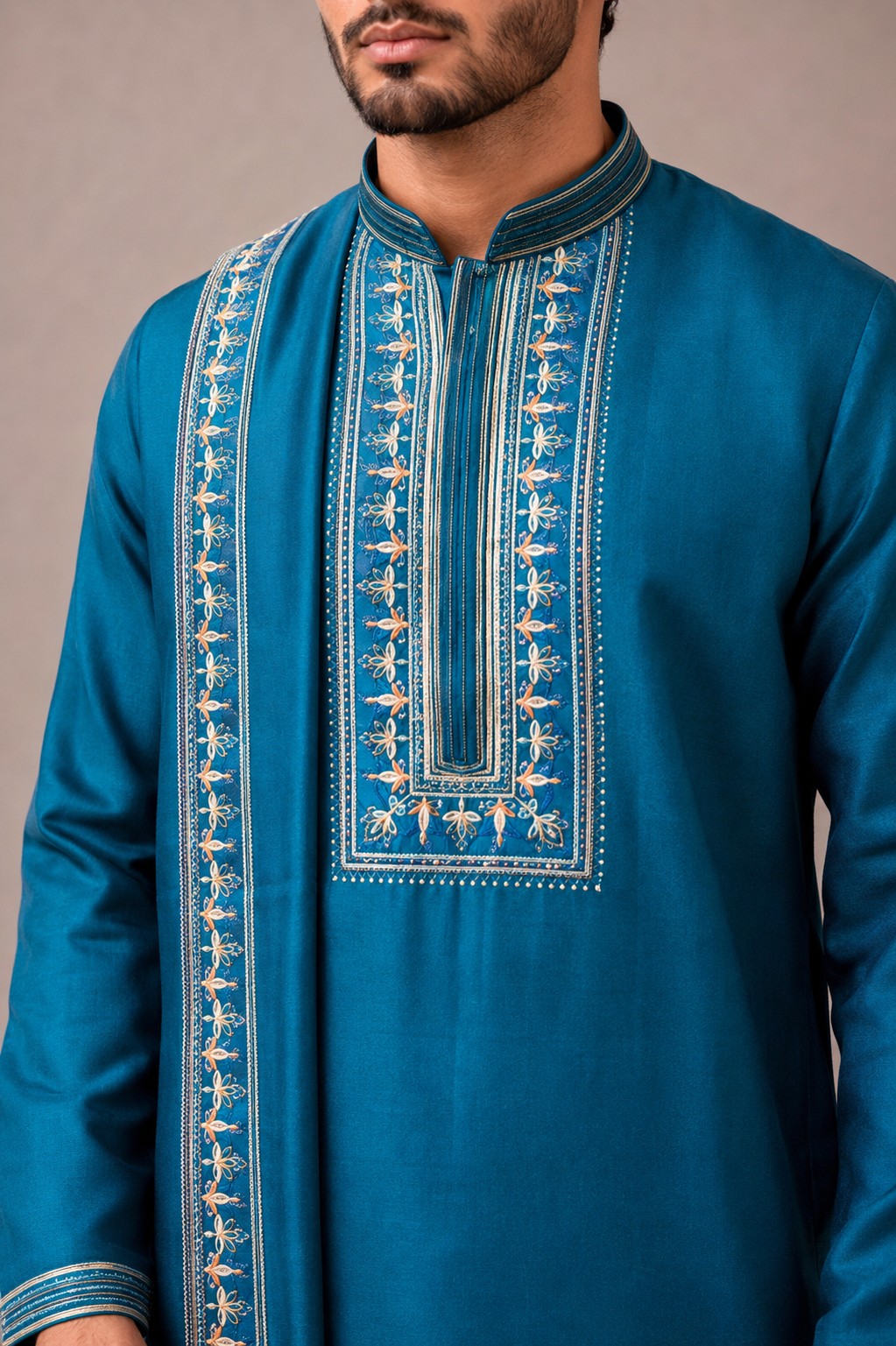 Rama Silk Kurta Set with Dupatta and Computer Print Work