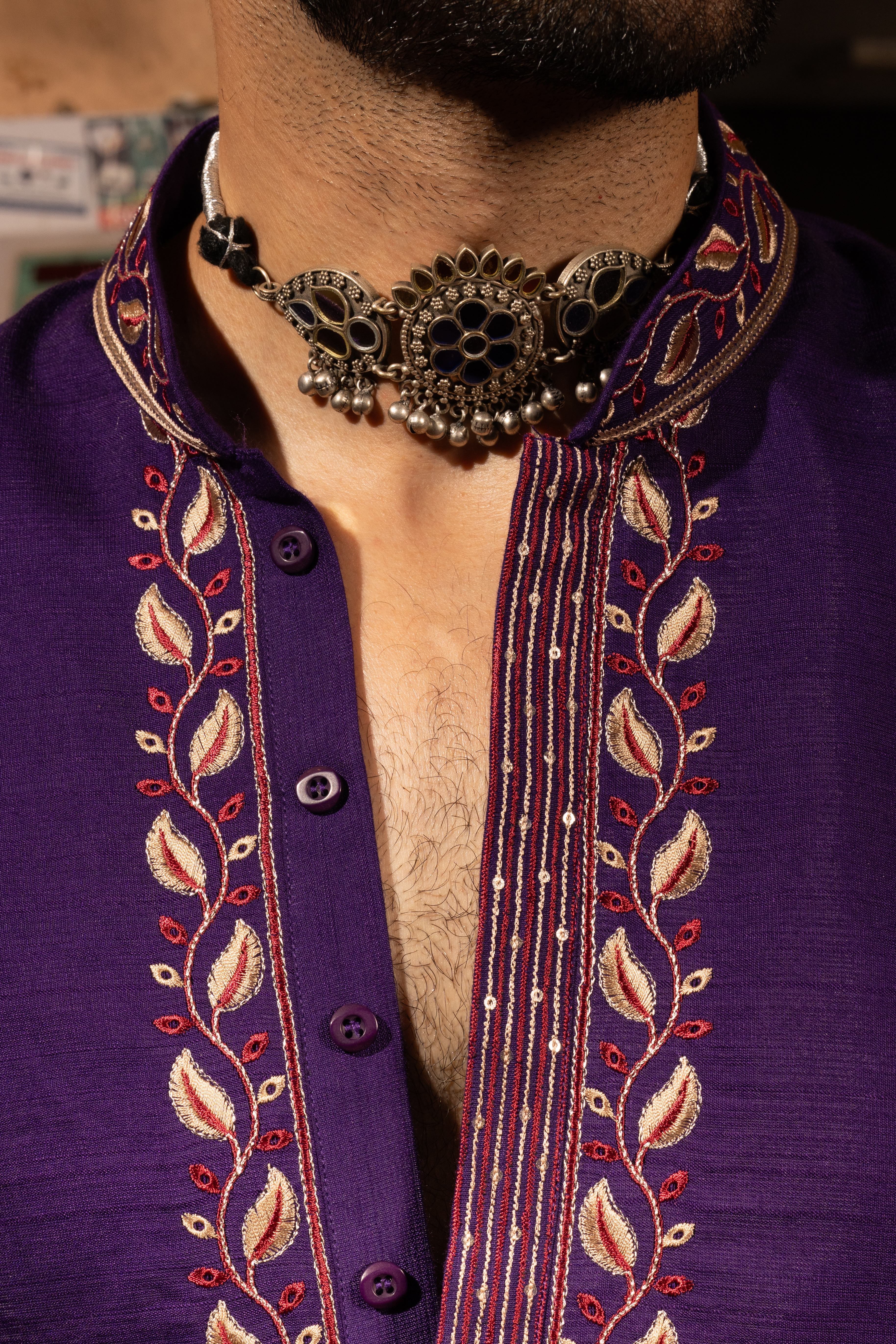 Deep Purple Silk Kurta with Resham Embroidery